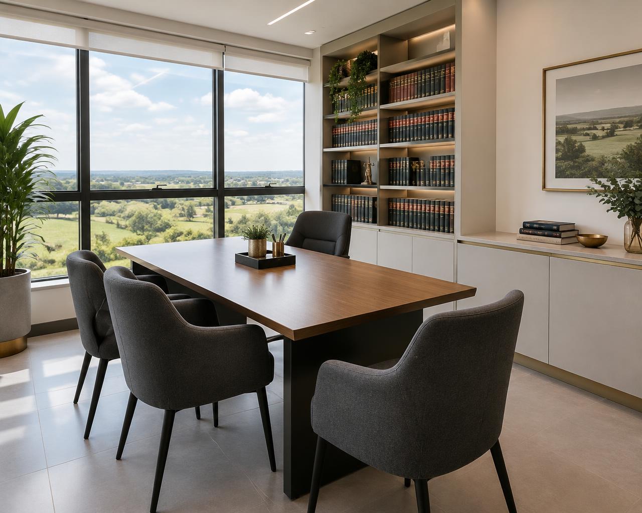 Sala de reunião do escritório com mesa e biblioteca jurídica