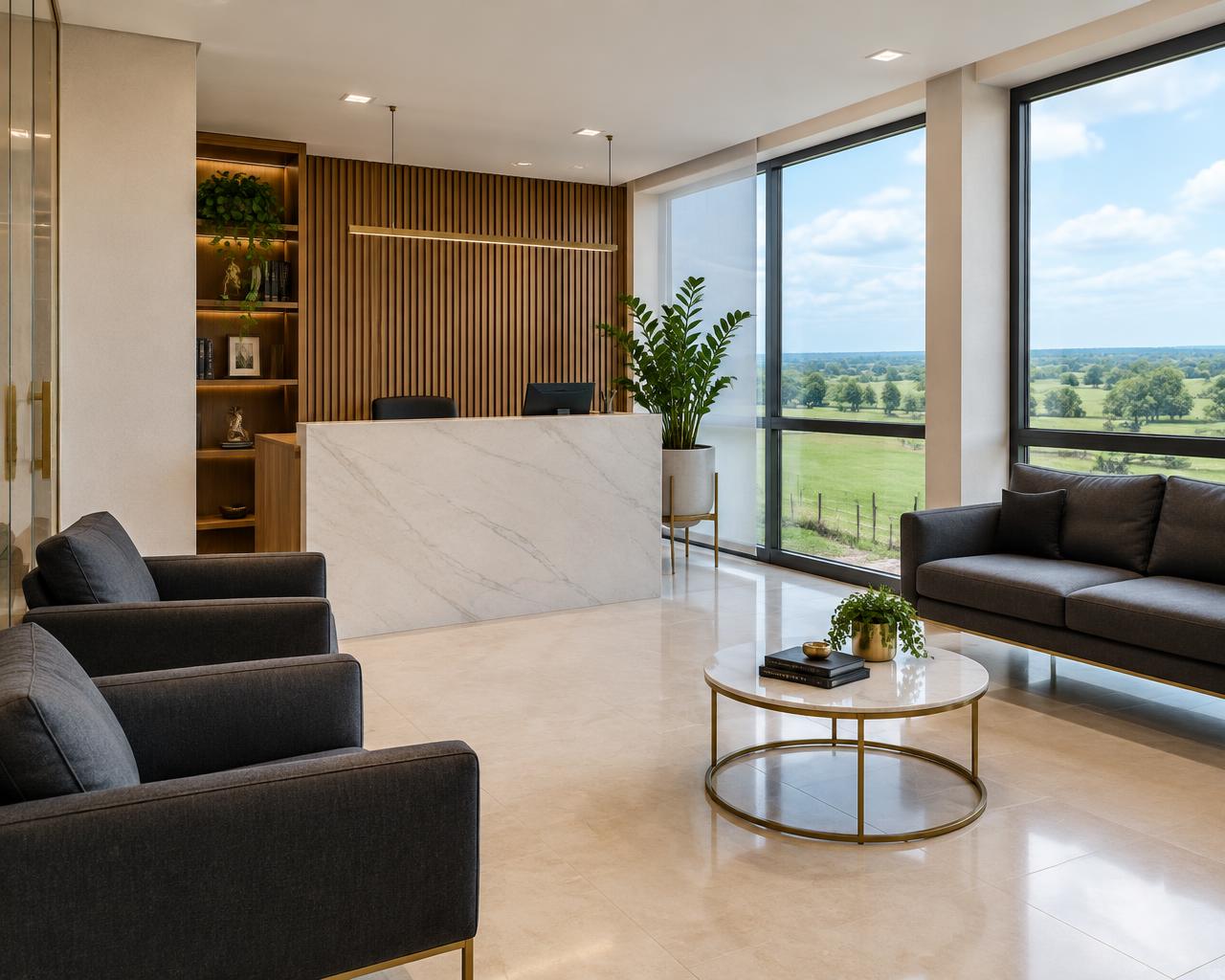 Recepção do escritório com poltronas e iluminação natural